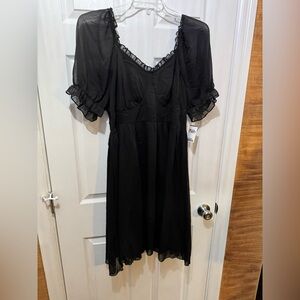 SHEIN Black Sheer Puff Sleeve Ruffle Midi Dress